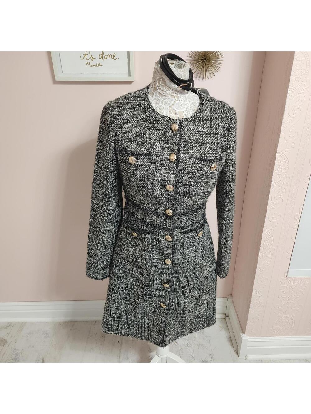 GOELIA Black White Gold Metallic Tweed Belted Long Blazer Coat Size 6